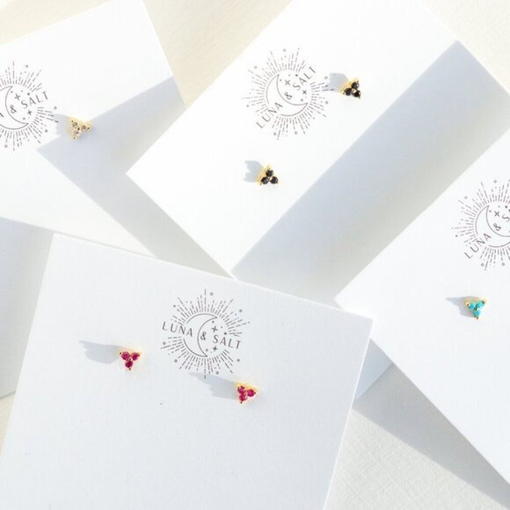 Turquoise Trio Stud Earrings December Birthstone Gold Cluster Dainty Studs - Picture 15 of 15
